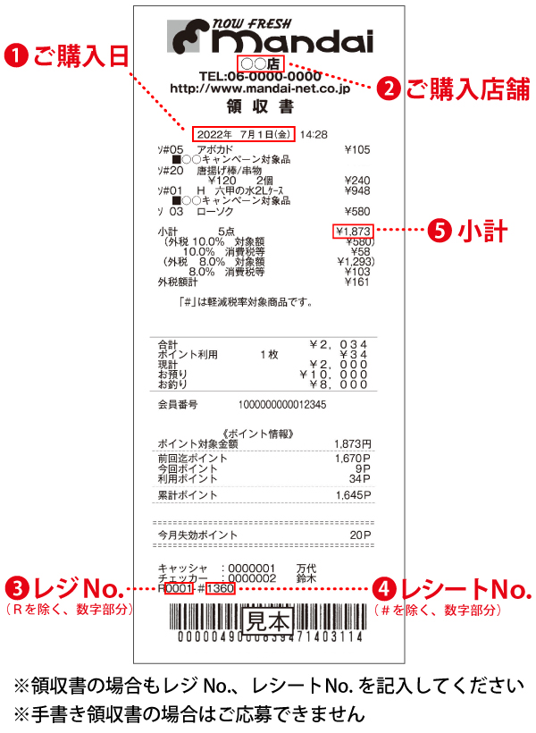 ※領収書の場合もレジNo.、レシートNo.を記入してください ※手書き領収書の場合はご応募できません